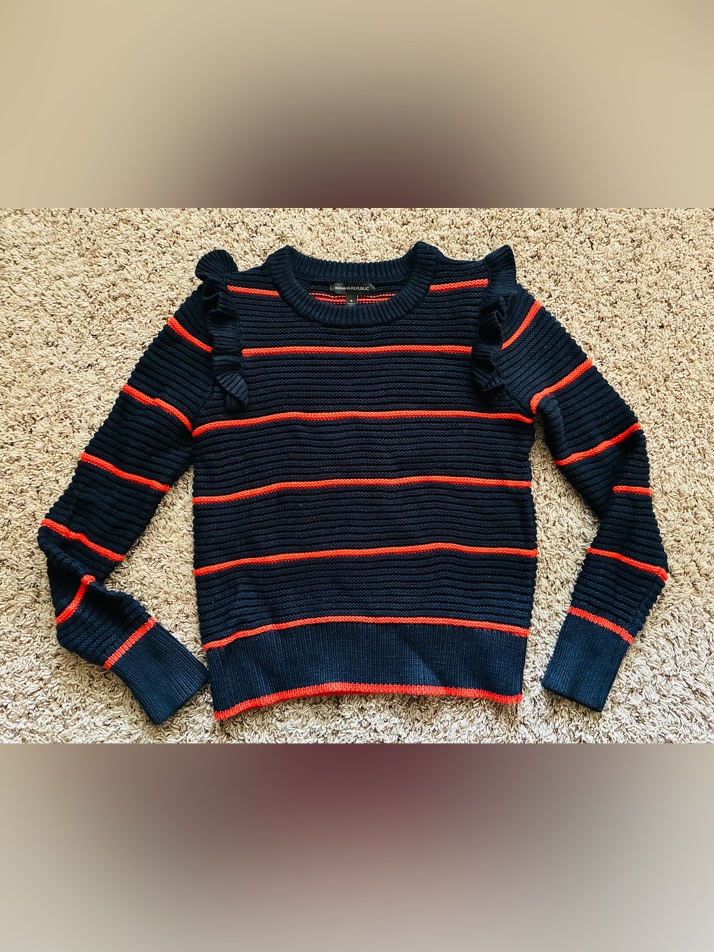 NWT Banana Republic Striped Ruffle-Shoulder Crew Sweater SMALL